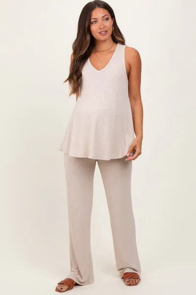 PinkBlush Cream Rib Knit Tank and Pant Maternity Set
