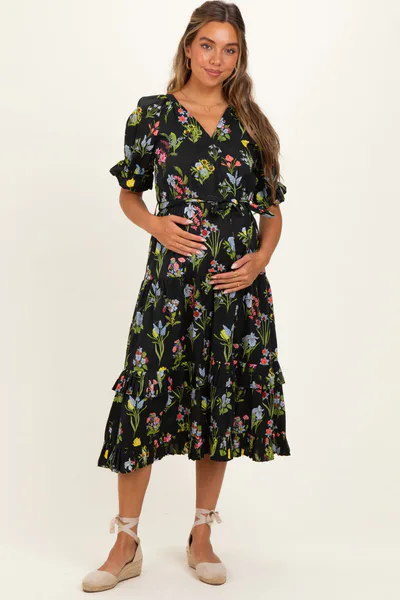 PinkBlush Black Floral Belted Tiered Maternity Midi Dress