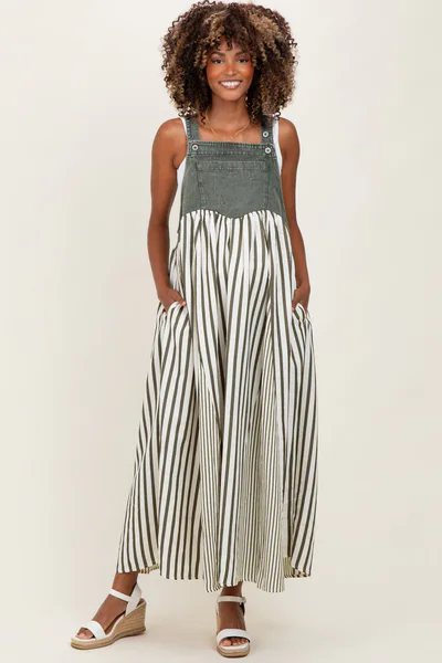 PinkBlush Olive Striped Colorblock Denim Contrast Maternity Maxi Dress