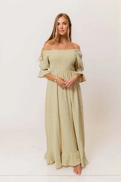 Worth Collective Sienna 100% Cotton Puff Sleeve Maxi Dress in Green Haze Foliage  - Bump Friendly