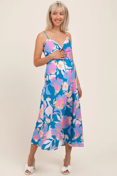 PinkBlush Blue Floral O-Ring Maternity Midi Dress