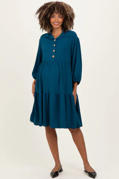 PinkBlush Dark Teal Long Sleeve Button Down Collared Tiered Maternity Dress