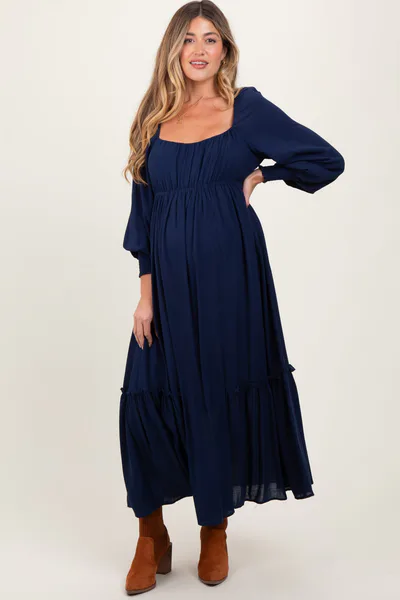 PinkBlush Navy Square Neckline Bubble Sleeve Maternity Maxi Dress