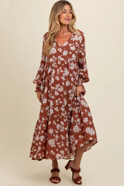 PinkBlush Rust Floral Textured Bubble Sleeve Maternity Maxi Dress