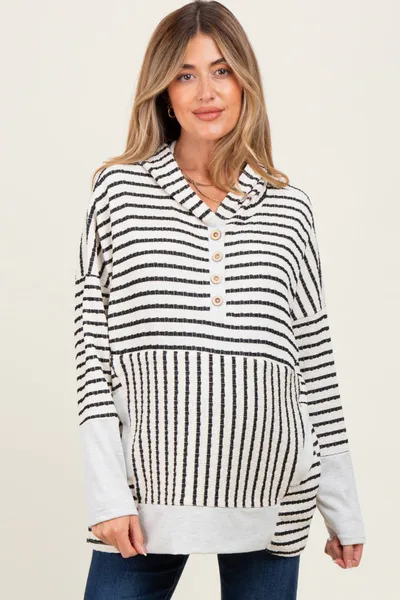 PinkBlush Cream Textured Stripe Button Up Maternity Hoodie