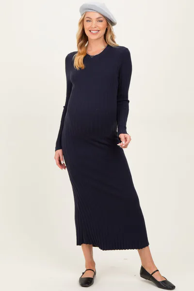 PinkBlush Navy Ribbed Knit Fitted Maternity Midi Sweater Dress
