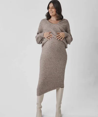 Bump City The Amélie's Enchanting Allure Asymmetrical Knit Midi Skirt -Taupe