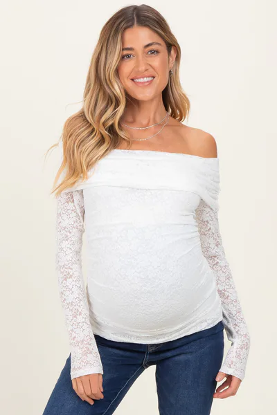 PinkBlush White Lace Off Shoulder Long Sleeve Maternity Top