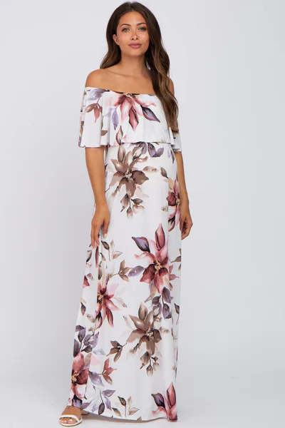 PinkBlush Ivory Floral Off Shoulder Maternity Maxi Dress