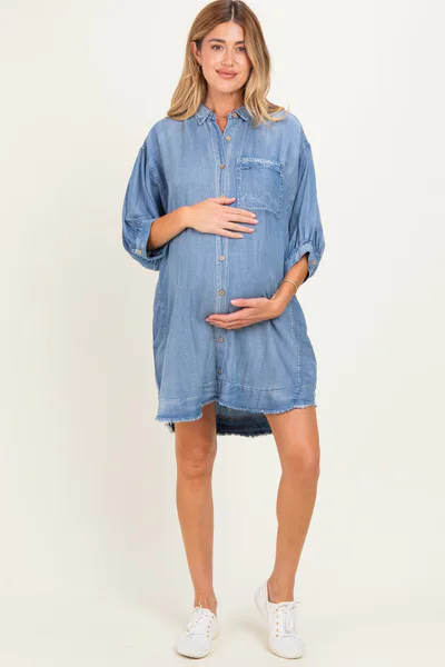 PinkBlush Light Denim Chambray Dolman Sleeve Maternity Shirt Dress