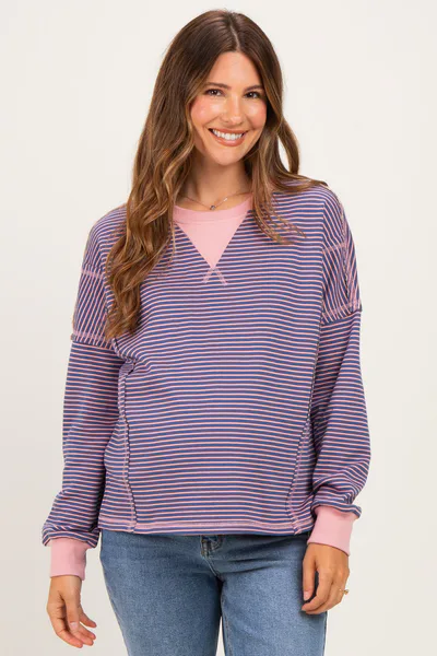 PinkBlush Pink Navy Striped Oversized Maternity Pullover