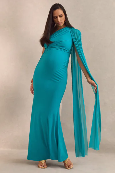 Club L London Aylena | Turquoise Asymmetric-Neck Maternity Maxi Dress With Sash Detail