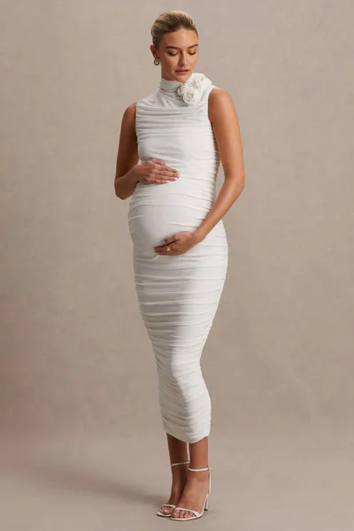 Club L London Shellie | White High-Neck Maternity Midi Dress With Corsage Detail