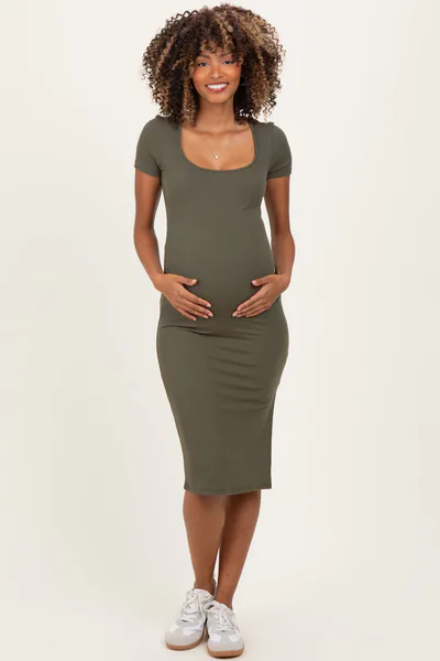 PinkBlush Olive Square Neck Side Slit Maternity Midi Dress