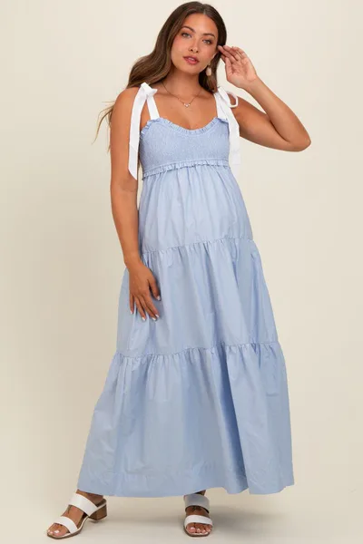 PinkBlush Light Blue Contrast Shoulder Straps Maternity Maxi Dress