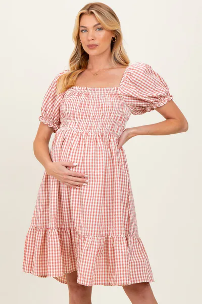 PinkBlush Rust Gingham Smocked Puff Sleeve Maternity Dress