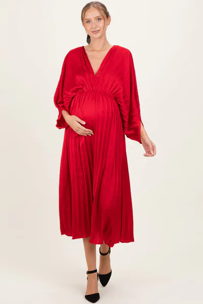 PinkBlush Red Satin Pleated V-Neck Maternity Maxi Dress
