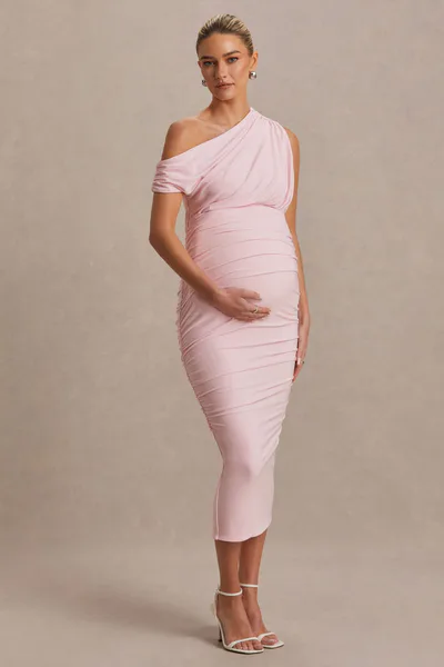 Club L London Linnea | Blush Pink Asymmetric-Neck Maternity Midi Dress