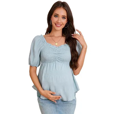 Target Womens Maternity Smocked Puff Short Sleeve Pleated Peplum Boho Blouse Sweetheart Neck Flowy Swing Top Summer Casual Shirt Bean green M