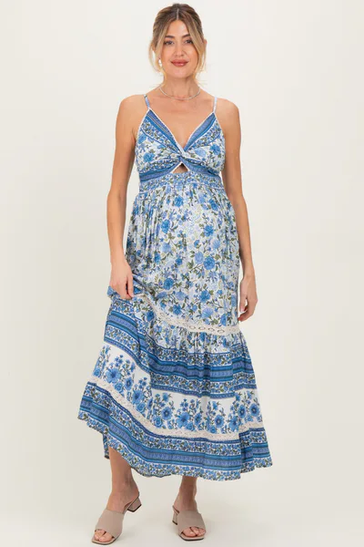 PinkBlush Blue Floral Twist Cutout Maternity Maxi Dress
