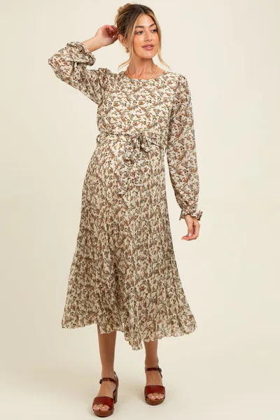 PinkBlush Cream Floral Chiffon Long Sleeve Pleated Maternity Midi Dress