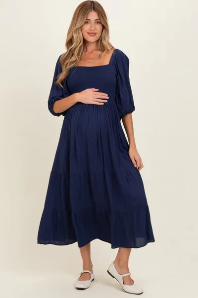PinkBlush Navy Smocked Puffed Sleeve Maternity Maxi Dress