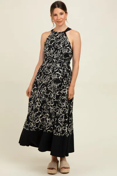 PinkBlush Black Floral Bow Tie Sleeveless Maternity Midi Dress