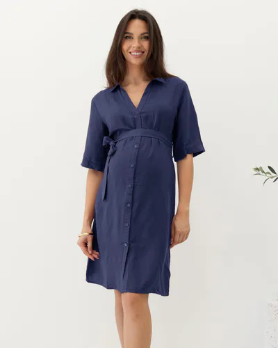 Angel Maternity Nora Maternity Tie Waist Linen Dress in Navy