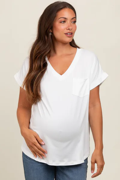 PinkBlush Ivory V-Neck Pocket Short Sleeve Maternity Shirt