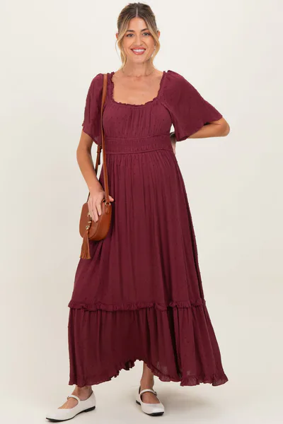PinkBlush Burgundy Swiss Dot Ruffle Trim Maternity Maxi Dress