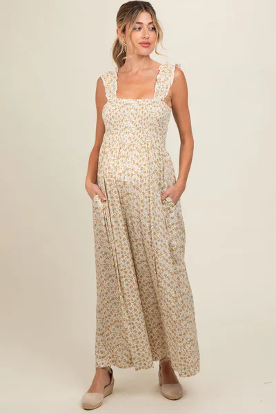 PinkBlush Cream Floral Flowy Maternity Jumpsuit