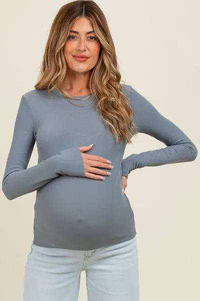 PinkBlush Grey Ribbed Maternity Long Sleeve Top