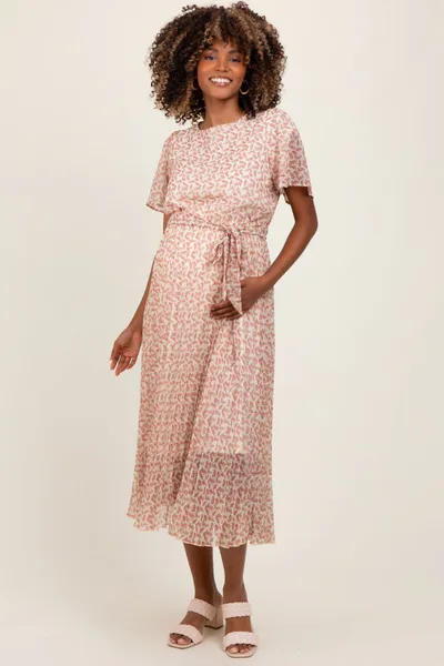 PinkBlush Cream Print Pleated Maternity Midi Dress