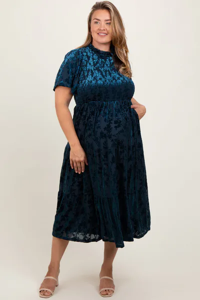 PinkBlush Navy Floral Velvet Print Smocked Maternity Plus Midi Dress