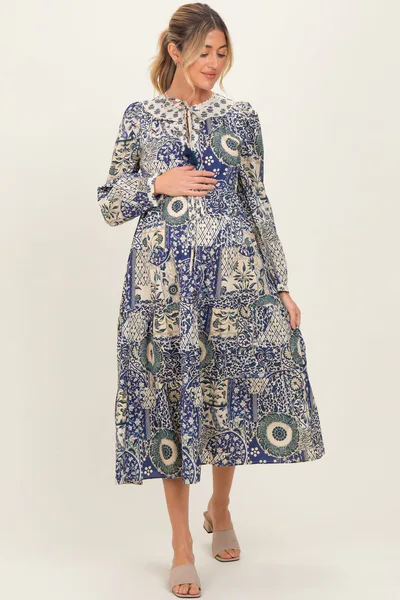 PinkBlush Blue Floral Patchwork Print Front Tie Maternity Midi Dress
