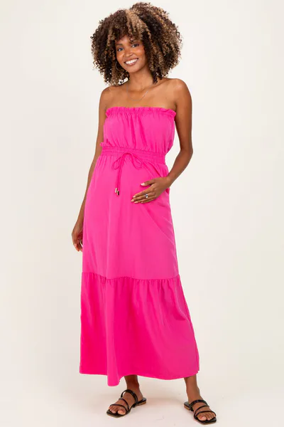 PinkBlush Hot Pink Strapless Cinched Waist Tie Maternity Maxi Dress