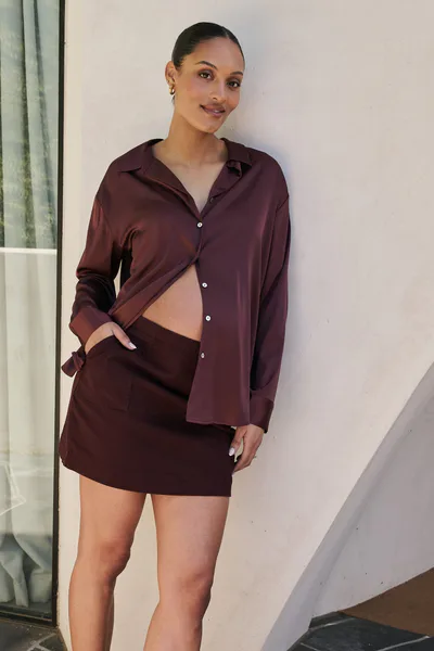 Bae the Label Spontaneous Satin Shirt - Burgundy*