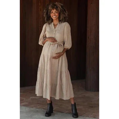 Target Pinkblush Taupe Floral Jacquard Button Front Tiered Maternity Dress Large