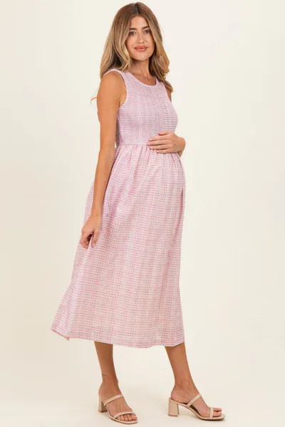PinkBlush Blush Gingham Sleeveless Smocked Maternity Midi Dress