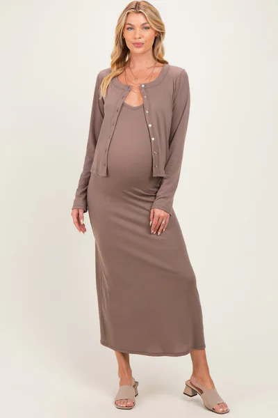 PinkBlush Mocha Knit Dress Maternity Cardigan Set