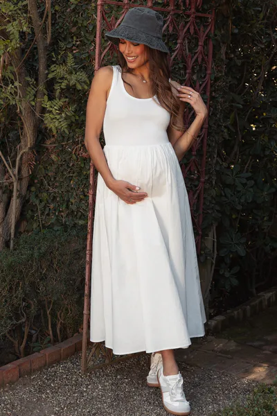 PinkBlush White Scoop Neck Contrast Skirt Maternity Maxi Dress