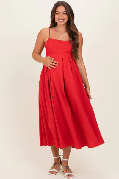 PinkBlush Red Linen Sleeveless Tie Back Flared Maternity Midi Dress