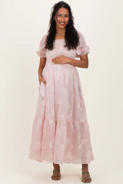 PinkBlush Light Pink Embroidered Floral Smocked Maternity Maxi Dress