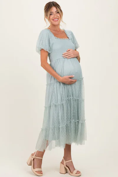 PinkBlush Sage Tulle Puff Sleeve Smocked Maternity Midi Dress