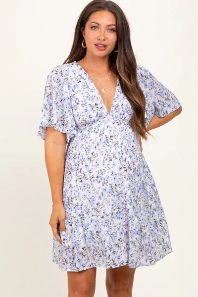PinkBlush Periwinkle Floral V-Neck Flutter Sleeve Maternity Mini Dress