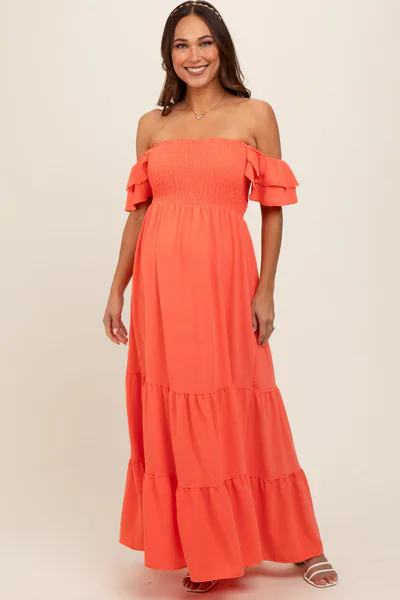 PinkBlush Orange Smocked Ruffle Off Shoulder Tiered Maternity Maxi Dress