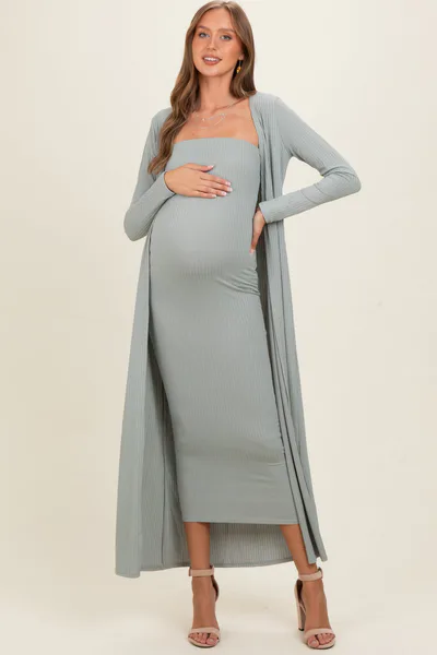 PinkBlush New Sage Ribbed Sleeveless Dress Cardigan Maternity Set