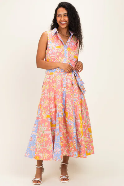 PinkBlush Peach Pink Colorblock Floral Button Down Maternity Midi Dress