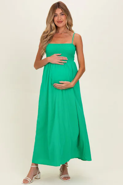 PinkBlush Green Pom Pom Strap Smocked Maternity Maxi Dress