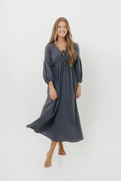 Worth Collective Hunter 100% Cotton Gauze Midi Dress in Dusty Navy - Bump Friendly